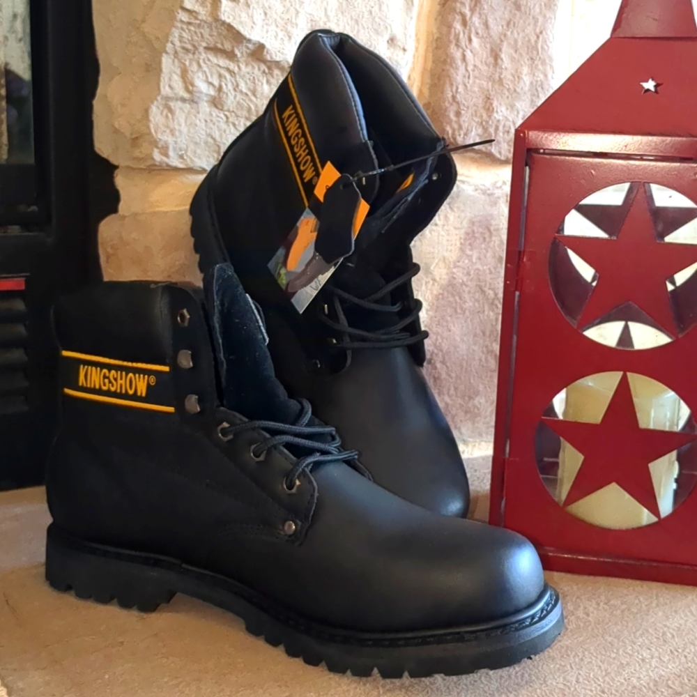 MEN'S "KINGSHOW" BLACK LEATHER WORK BOOTS SIZE 12